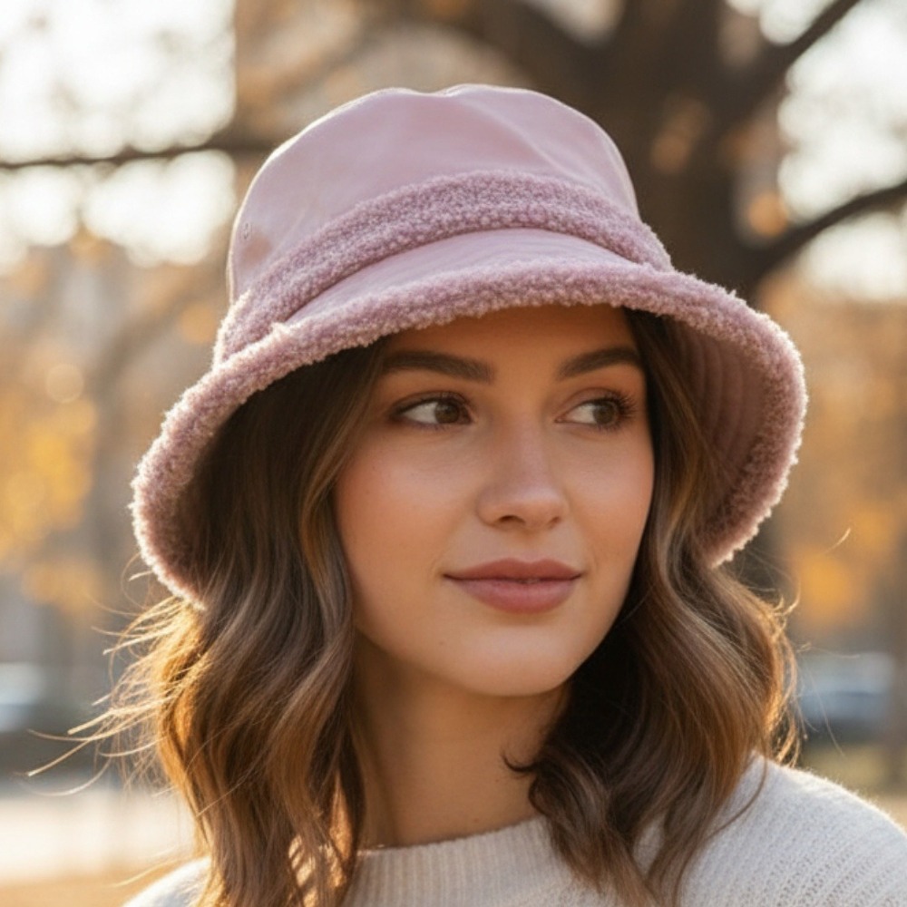 CC Beanie Womens Pink Faux Leather Sherpa Trim Bucket Hat Winter NWT NWT